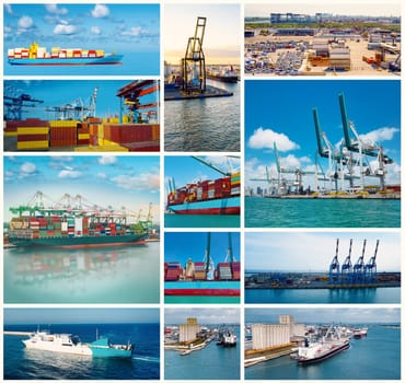 A collage of photos about cargo shipping theme. Industrial container cargo freight ship for import or export in port.
