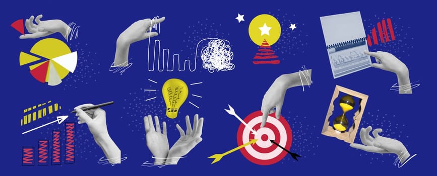 Contemporary collage or art design about main business concepts - sales increase. goal achievement. market share. marketing. leadership and idea