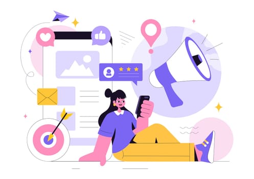 Public Relations Vector Illustration featuring a Team Developing Marketing Campaign Ideas Through Mass Media to Advertise Your Business in Background