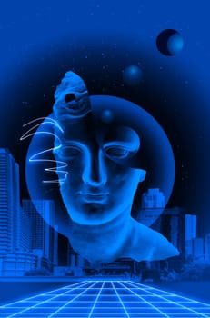 Contemporary art collage with antique statue head in a surreal style. Contemporary art poster. Design