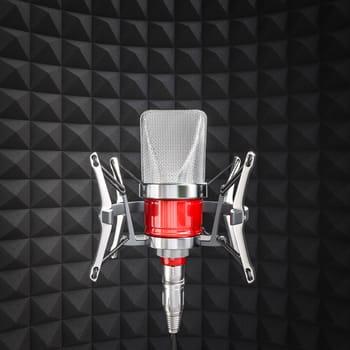 Red microphone hanging in a soundproof recording studio 3d
