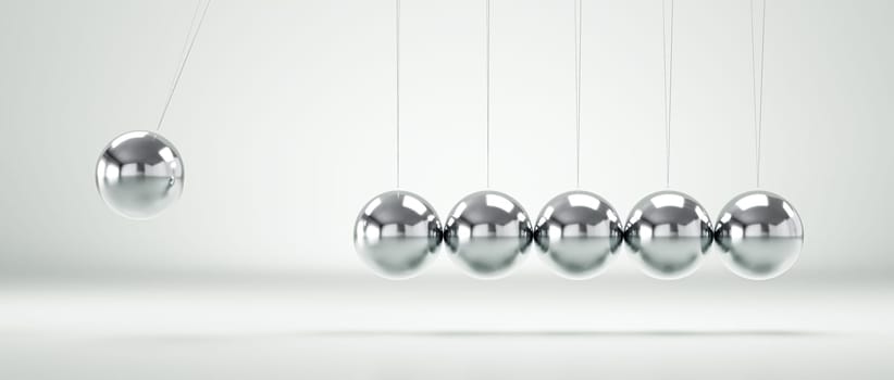 Newton's cradle showing cause and effect with metal balls 3d
