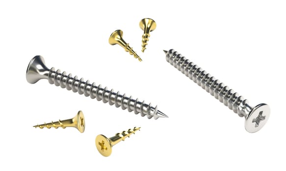 Silver and gold screws rotating on transparent background 3d