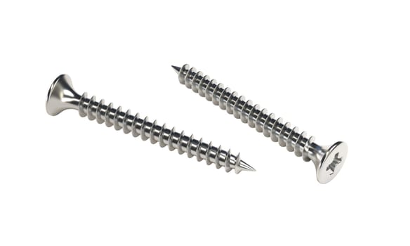 Two shiny metal screws lying on transparent background 3d