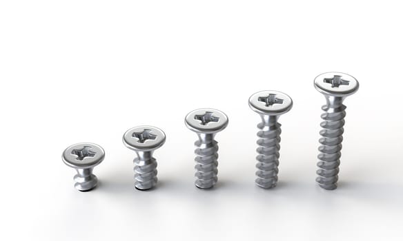 Five increasing size screws representing growth and development 3d