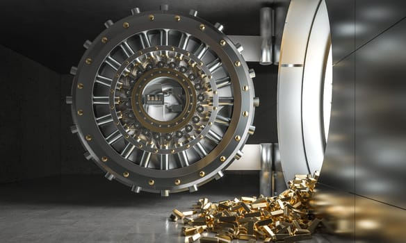 Open bank vault door with gold bars falling out 3d background