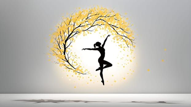 Abstract minimalist spring scene with a single, sharp silhouette of a rhythm gymnastic and of a blooming tree on a vast light grey canvas