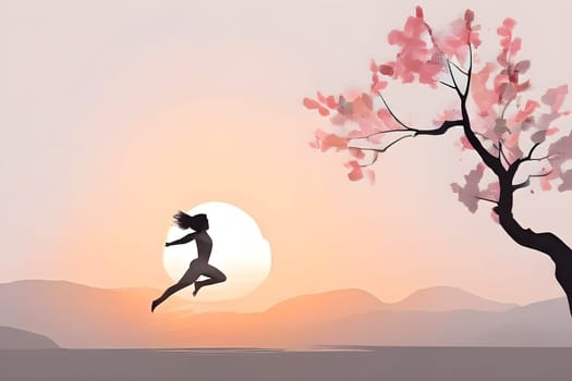 Abstract minimalist spring scene with a single, sharp silhouette of a rhythm gymnastic and of a blooming tree on a vast light grey canvas