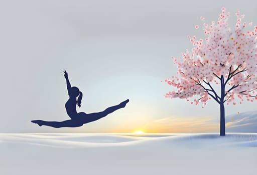 Abstract minimalist spring scene with a single, sharp silhouette of a rhythm gymnastic and of a blooming tree on a vast light grey canvas
