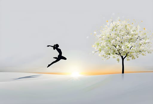 Abstract minimalist spring scene with a single, sharp silhouette of a rhythm gymnastic and of a blooming tree on a vast light grey canvas