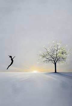 Abstract minimalist spring scene with a single, sharp silhouette of a rhythm gymnastic and of a blooming tree on a vast light grey canvas