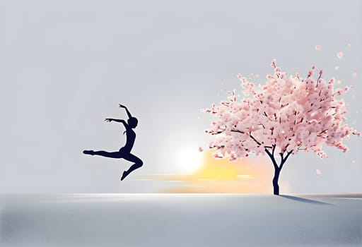 Abstract minimalist spring scene with a single, sharp silhouette of a rhythm gymnastic and of a blooming tree on a vast light grey canvas