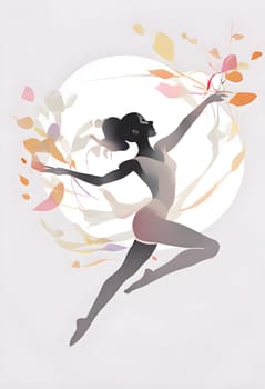 Abstract minimalist spring scene with a single, sharp silhouette of a rhythm gymnastic and of a blooming tree on a vast light grey canvas