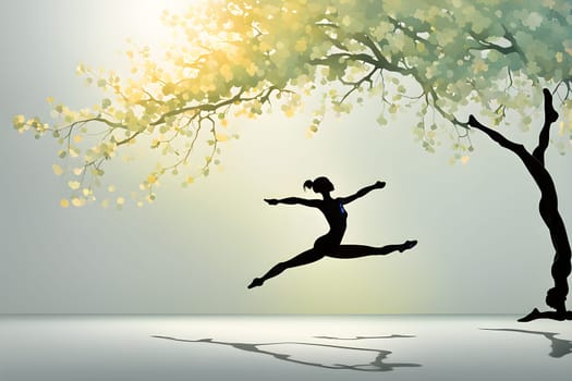Abstract minimalist spring scene with a single, sharp silhouette of a rhythm gymnastic and of a blooming tree on a vast light grey canvas