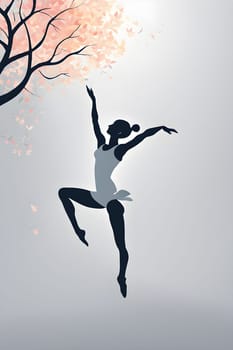 Abstract minimalist spring scene with a single, sharp silhouette of a rhythm gymnastic and of a blooming tree on a vast light grey canvas