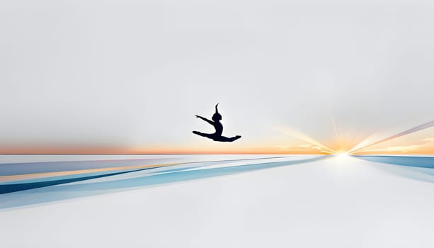 Abstract minimalist spring scene with a single, sharp silhouette of a rhythm gymnastic and of a blooming tree on a vast light grey canvas