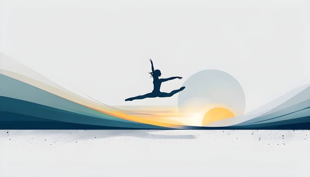 Abstract minimalist spring scene with a single, sharp silhouette of a rhythm gymnastic and of a blooming tree on a vast light grey canvas