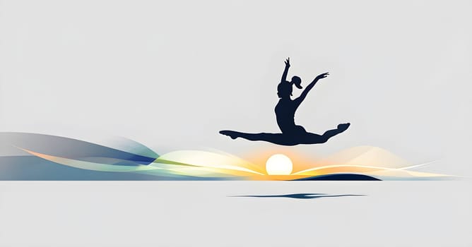 Abstract minimalist spring scene with a single, sharp silhouette of a rhythm gymnastic and of a blooming tree on a vast light grey canvas