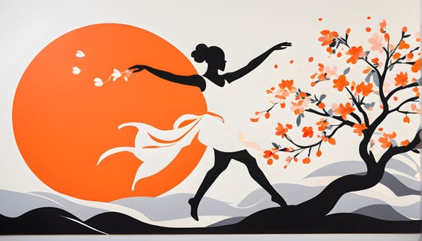 Abstract minimalist spring scene with a single, sharp silhouette of a rhythm gymnastic and of a blooming tree on a vast light grey canvas