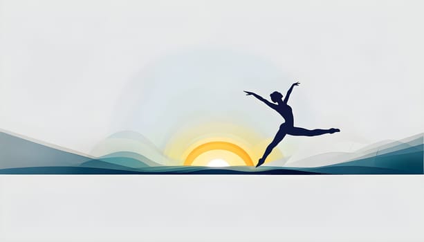 Abstract minimalist spring scene with a single, sharp silhouette of a rhythm gymnastic and of a blooming tree on a vast light grey canvas