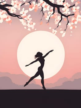 Abstract minimalist spring scene with a single, sharp silhouette of a rhythm gymnastic and of a blooming tree on a vast light grey canvas