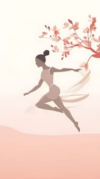 Abstract minimalist spring scene with a single, sharp silhouette of a rhythm gymnastic and of a blooming tree on a vast light grey canvas