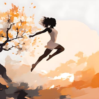 Abstract minimalist spring scene with a single, sharp silhouette of a rhythm gymnastic and of a blooming tree on a vast light grey canvas