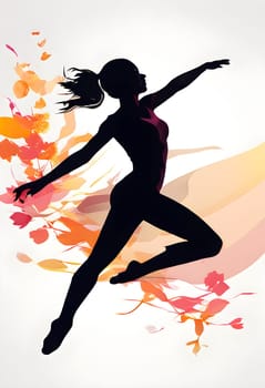 Abstract minimalist spring scene with a single, sharp silhouette of a rhythm gymnastic and of a blooming tree on a vast light grey canvas