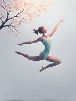 Abstract minimalist spring scene with a single, sharp silhouette of a rhythm gymnastic and of a blooming tree on a vast light grey canvas