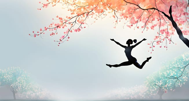 Abstract minimalist spring scene with a single, sharp silhouette of a rhythm gymnastic and of a blooming tree on a vast light grey canvas