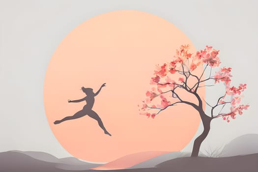 Abstract minimalist spring scene with a single, sharp silhouette of a rhythm gymnastic and of a blooming tree on a vast light grey canvas