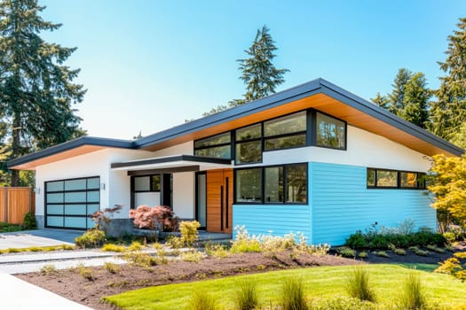 A beautiful suburban home with a white and blue siding, beautiful landscaping. AI generated