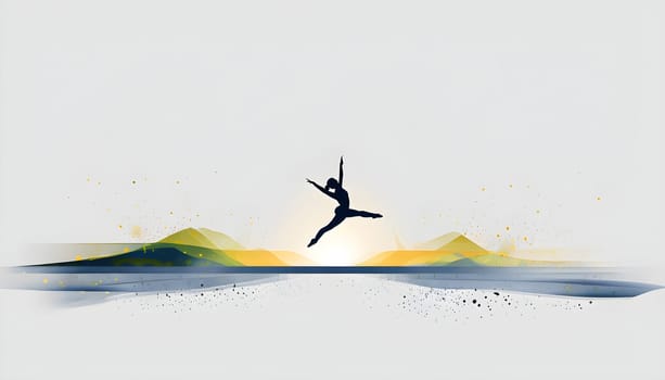 Abstract minimalist spring scene with a single, sharp silhouette of a rhythm gymnastic and of a blooming tree on a vast light grey canvas