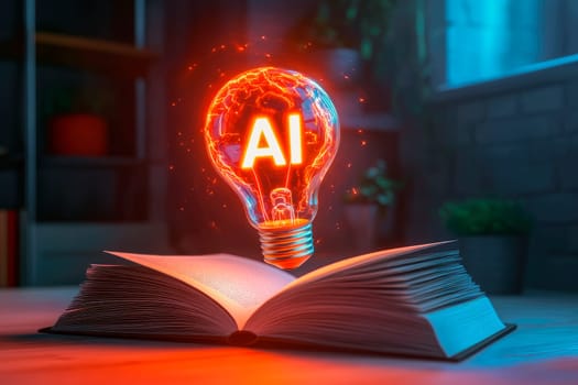 Artificial Intelligence technology, machine learning. An open book and a light bulb with virtual AI symbol. Science and artificial intelligence technology. AI generated
