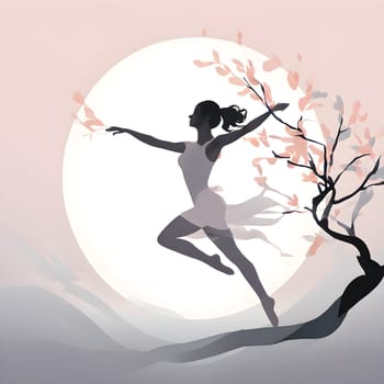 Abstract minimalist spring scene with a single, sharp silhouette of a rhythm gymnastic and of a blooming tree on a vast light grey canvas
