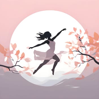 Abstract minimalist spring scene with a single, sharp silhouette of a rhythm gymnastic and of a blooming tree on a vast light grey canvas