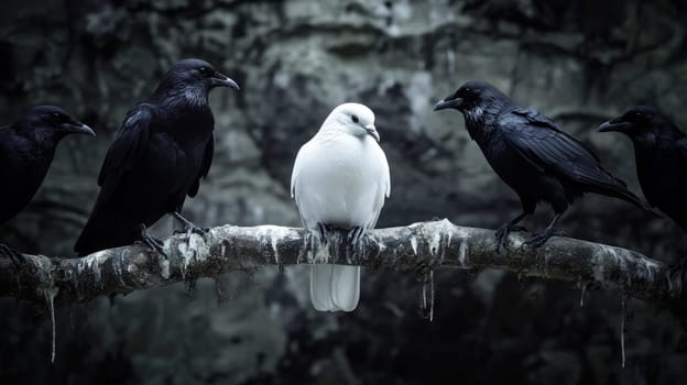 A white dove sitting on a branch surrounded by three black crows. AI generated