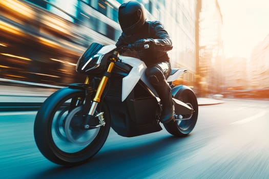 Motorcyclist speeds along city road at high speed. Urban setting, transportation, extreme hobby. AI generated