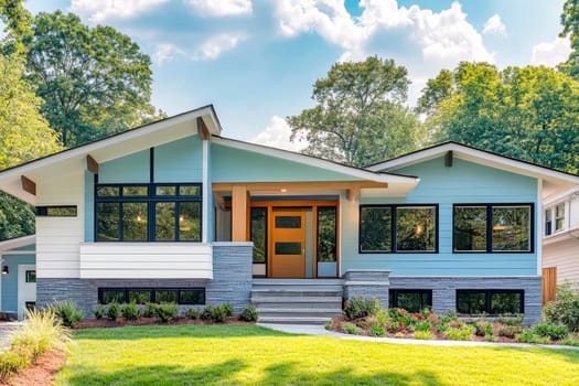 A beautiful suburban home with a white and blue siding, beautiful landscaping. AI generated