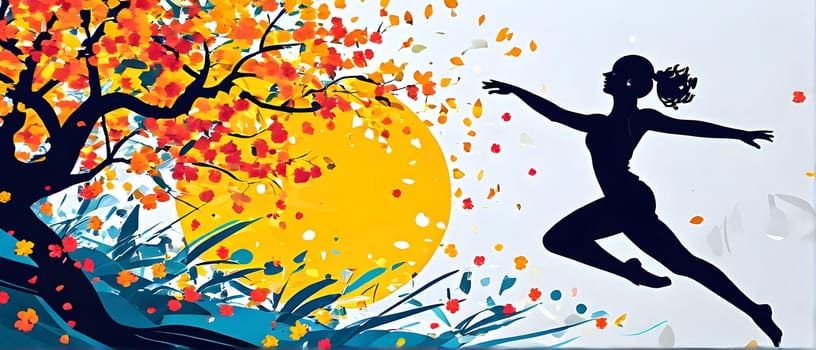 Abstract minimalist spring scene with a single, sharp silhouette of a rhythm gymnastic and of a blooming tree on a vast light grey canvas