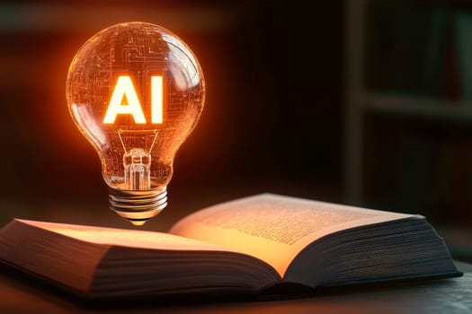 Artificial Intelligence technology, machine learning. An open book and a light bulb with virtual AI symbol. Science and artificial intelligence technology. AI generated