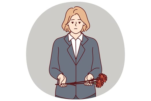 Sad woman with carnations for funeral ceremony expresses condolences after death of friend or colleague. Girl came to funeral ceremony with flowers to see deceased on last journey