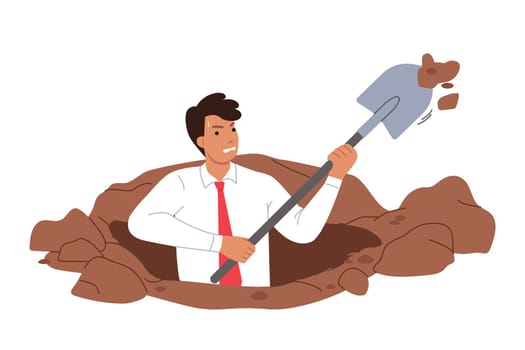 Ambitious business man digs ground with paw in search of treasure or new opportunities for growth. Ambitious sweaty businessman in formal clothes is not afraid to get dirty to achieve goal