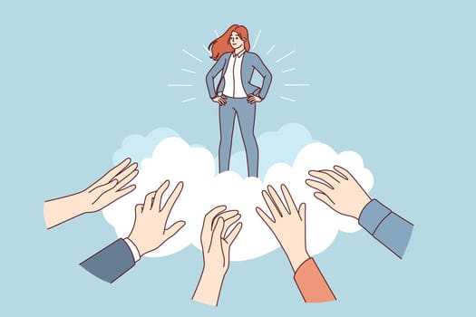 Business woman idol for fans stands among clouds and hands of people who want to receive advice from guru. Successful businesswoman is treated like idol due to professionalism and unique skills