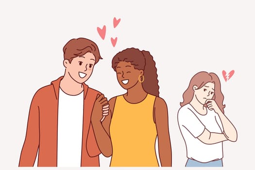 Love triangle between man walking with girlfriend and jealous, envious girl in need of psychologist. Woman sad and due to emergence competition in love triangle, we will destroy family relationships