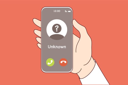 Call from unknown caller on phone screen in person hand, for spam or unsolicited advertising concept. Call from unknown scammer who wants to help with money or deceive victim through smartphone