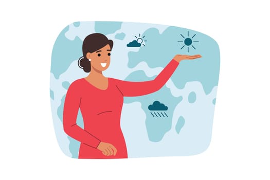 Woman presenting weather forecast points with hand at map with symbols of climate and predicted precipitation. Weather forecast from positive girl announcing approach of cyclone or anticyclone