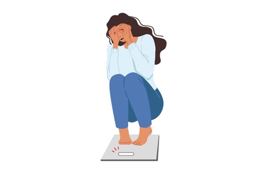 Problems with excess weight cause hysterics in woman who steps on scale and sees appearance new kilograms. Girl suffers from excess weight caused by immobility and eating unhealthy high-calorie foods
