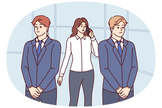 Two bodyguards near businesswoman talking on phone and needing protection due to personal threats. Bodyguards in suit protect celebrity girl or politician making call on smartphone