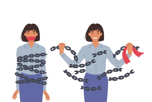 Emancipation woman breaking chains to free herself from oppression and discriminatory attitudes. Emancipation of girl who fell into slavery due to social injustice or family violence